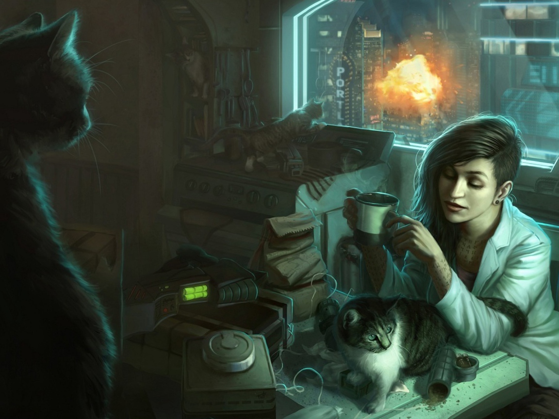 Девушка пьет чай в окружении котов