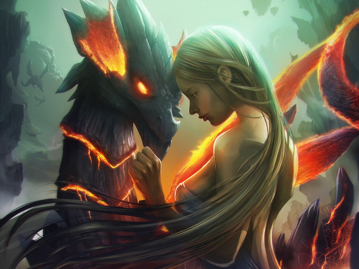 Длинноволосая девушка и дракон