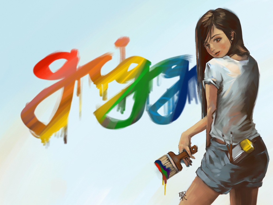 Девушка рисует красками на стене