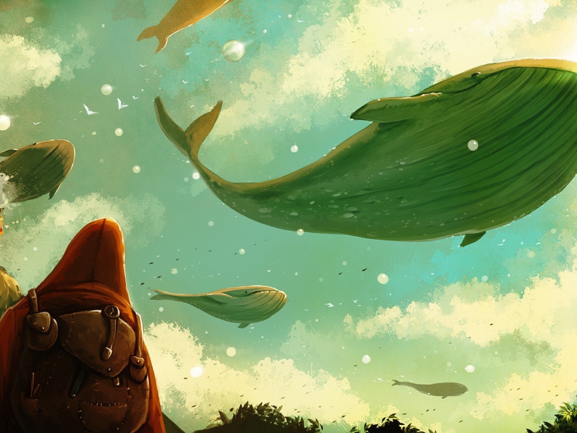 Стая китов пролетает в небе