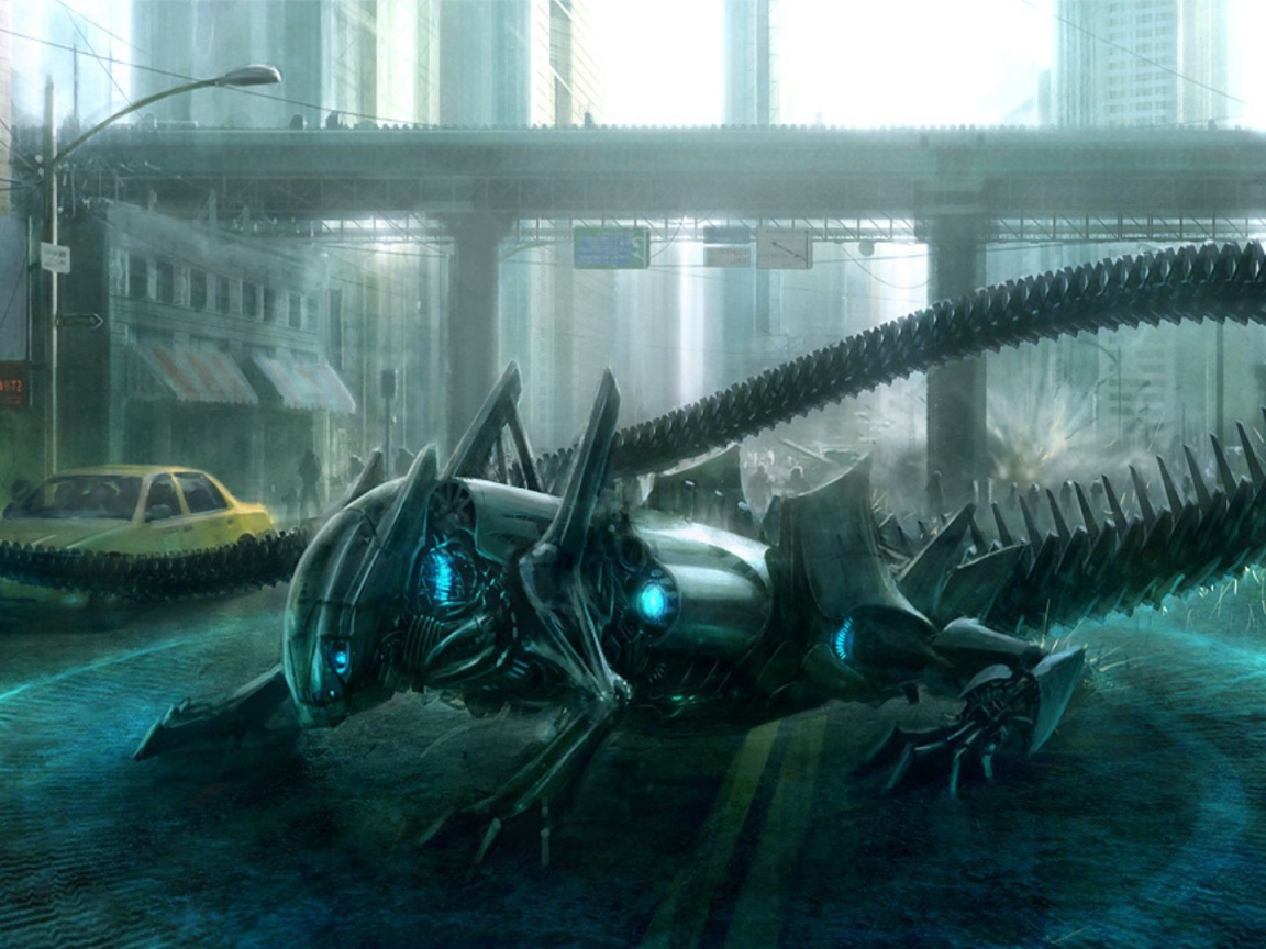 Робот с длинным хвостом на городской улице