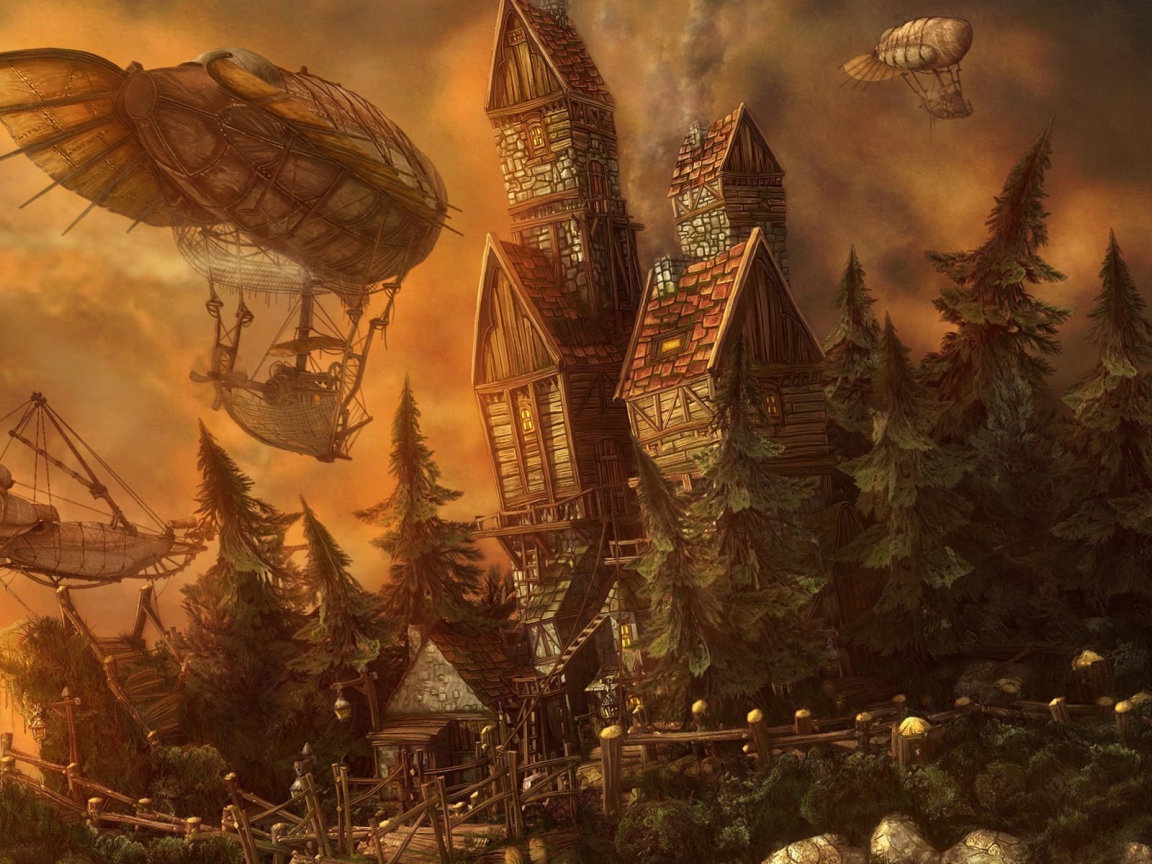 Дирижабли у замка в мире фэнтези