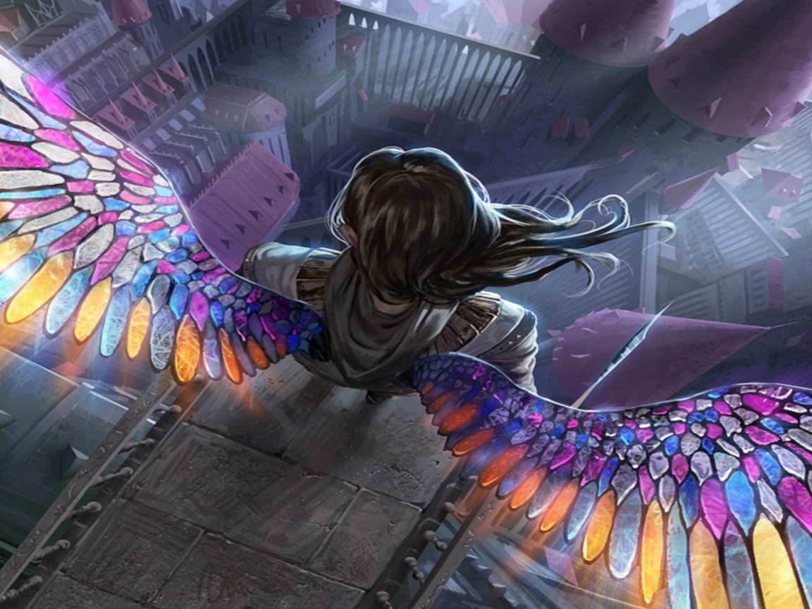 Ангел с радужными крыльями на краю