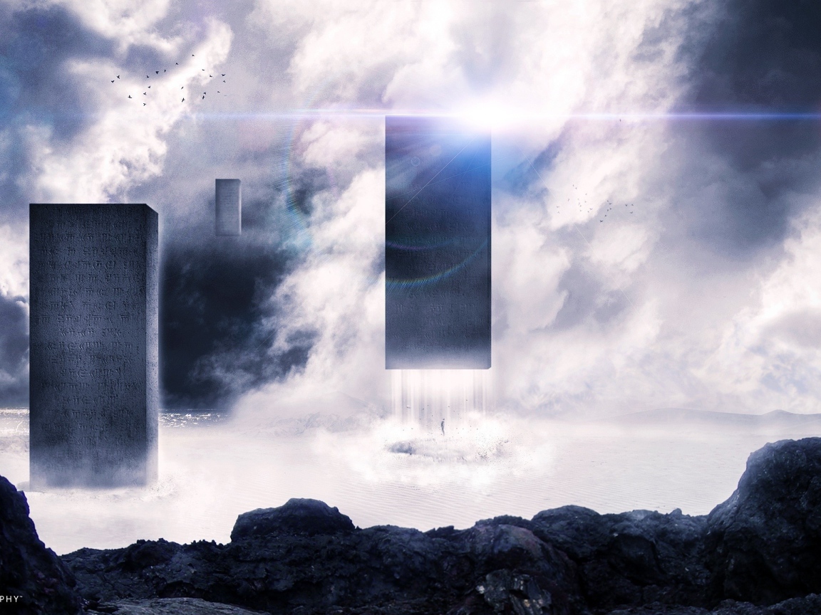 Блоки с надписями парят в воздухе