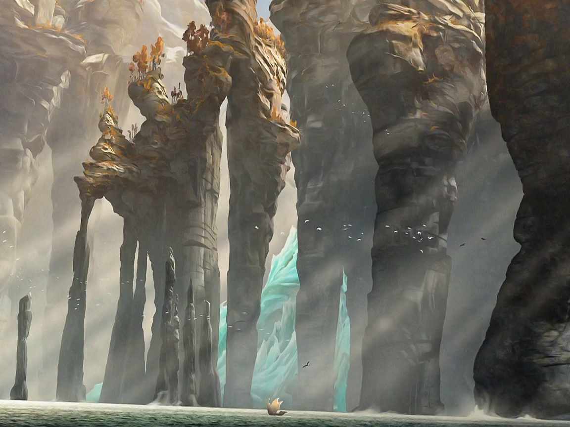 Лодка у подножия каменных столбов