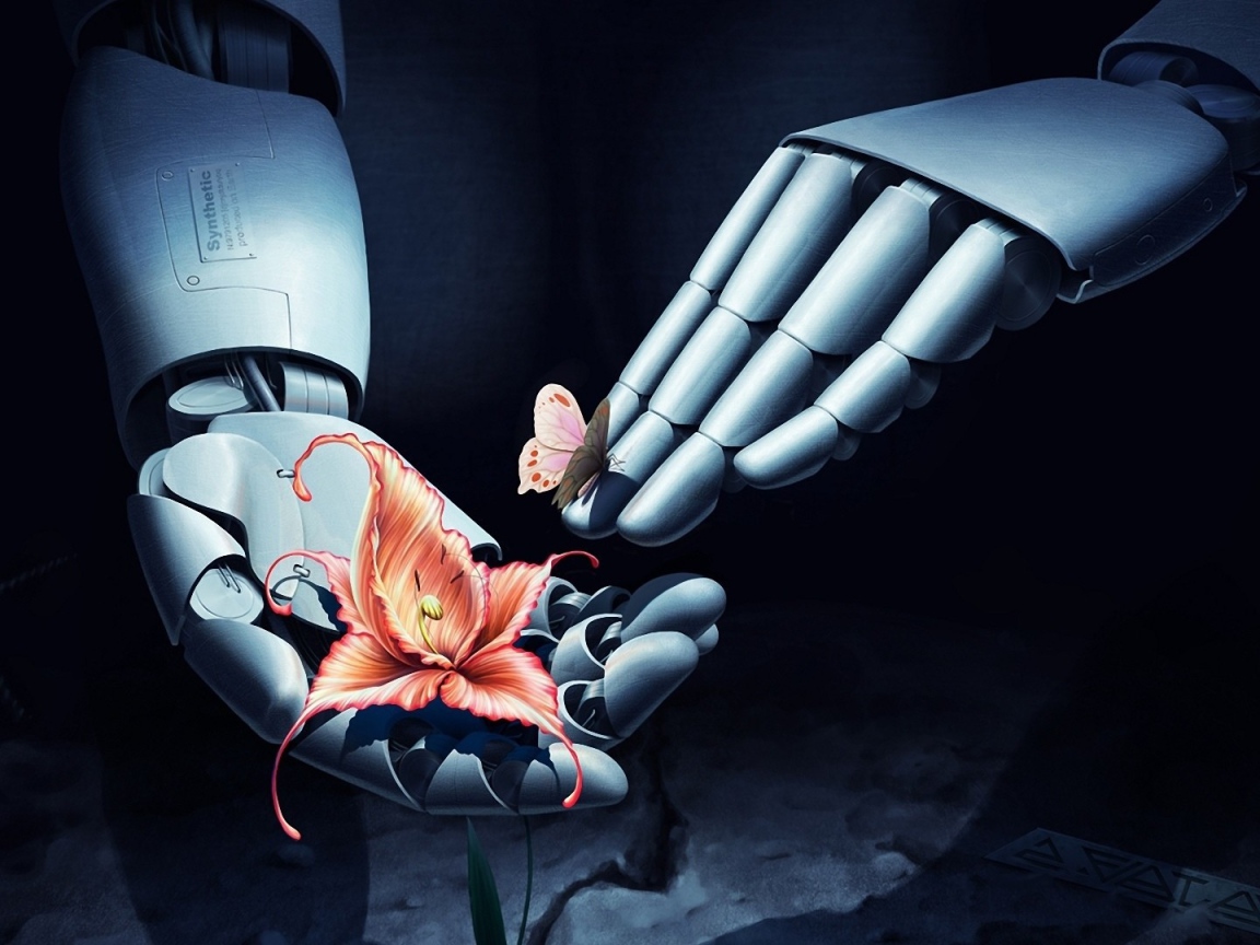 Бабочка и цветок в руках робота