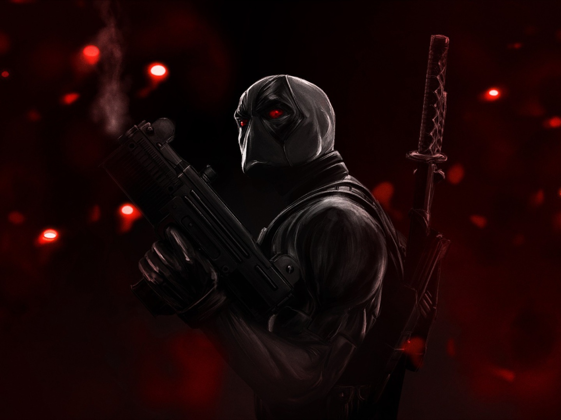 Злой персонаж Дэдпул на красном фоне