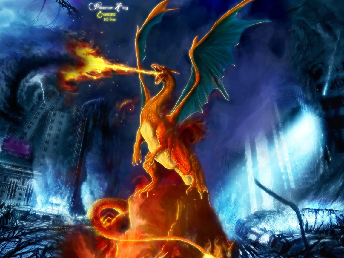 Огнедышащий дракон в городе, Покемоны