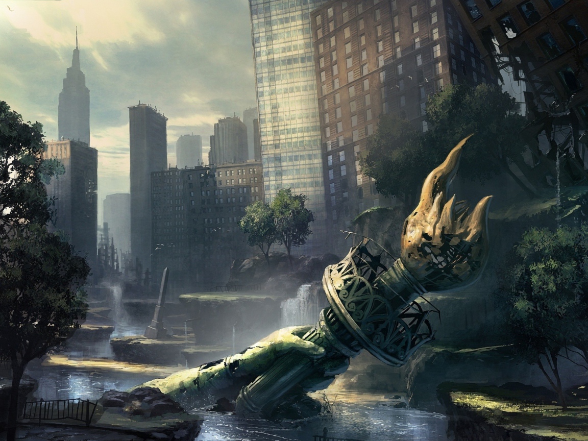 Рука с факелом от статуи Свободы в руинах Нью-Йорка