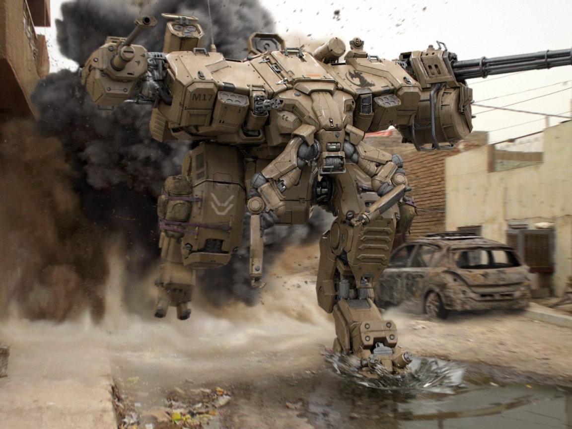 Тяжелый боевой робот бежит по улице