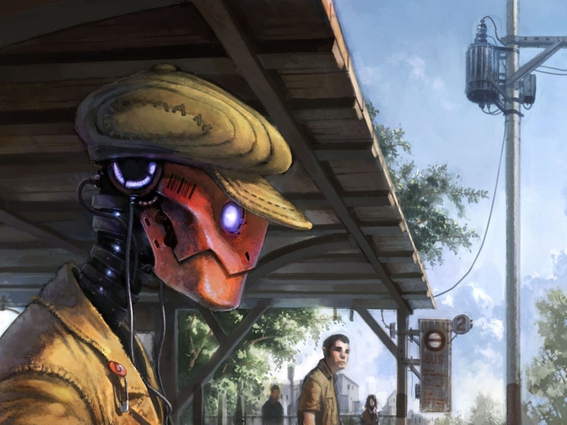 Робот в кепке ждет поезда на платформе