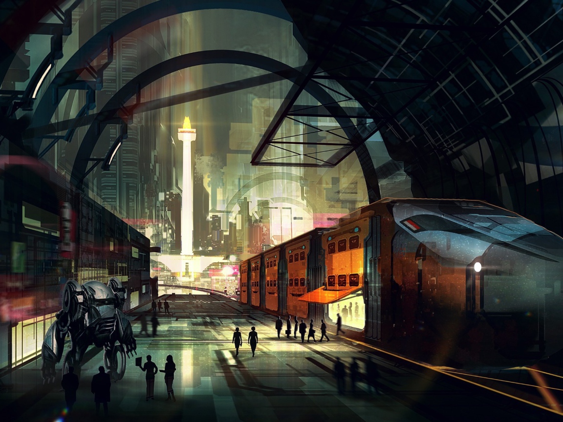 Робот на перроне вокзала в городе будущего