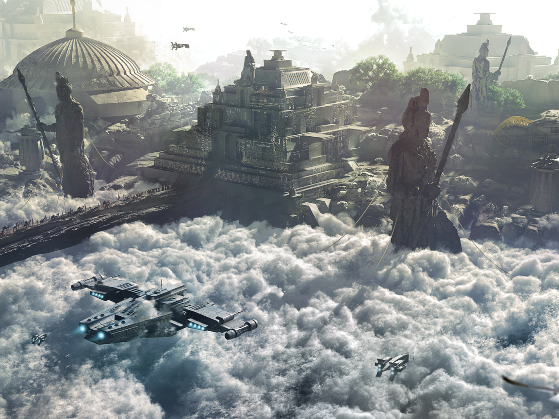 Космический корабль перед храмом развитой цивилизации