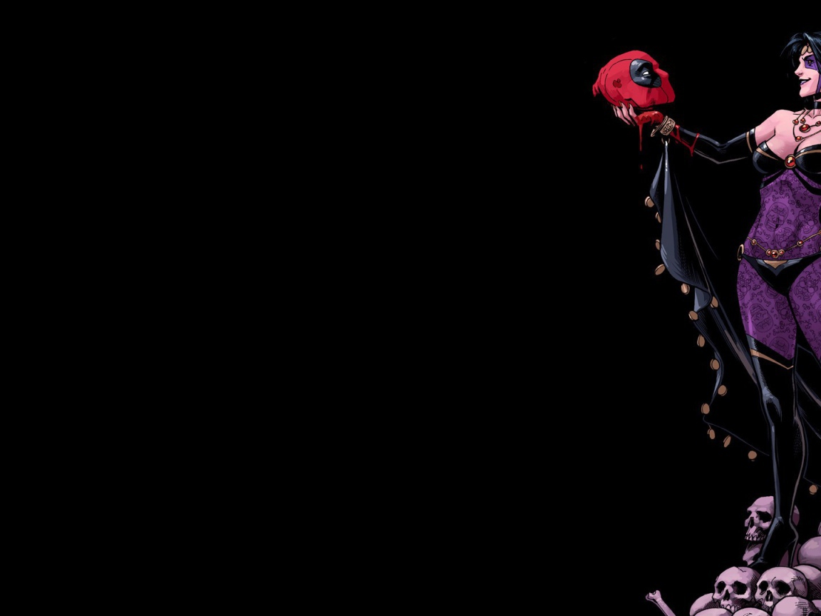 Девушка держит в руке голову Дэдпула