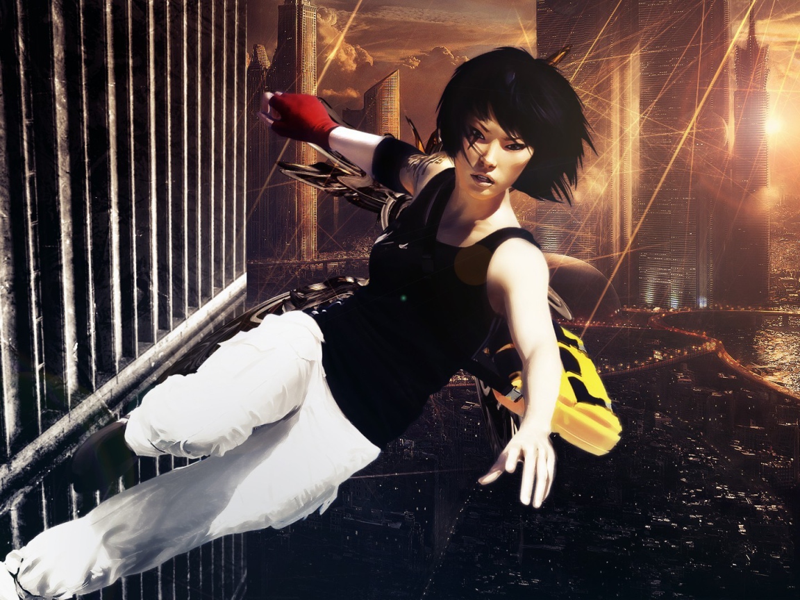 Девушка бежит по стене небоскреба