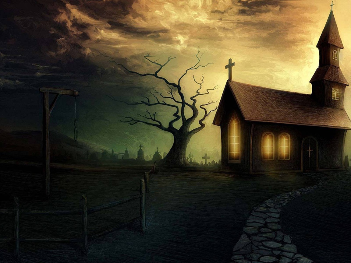 Свет в окнах церквушки и виселица перед ней