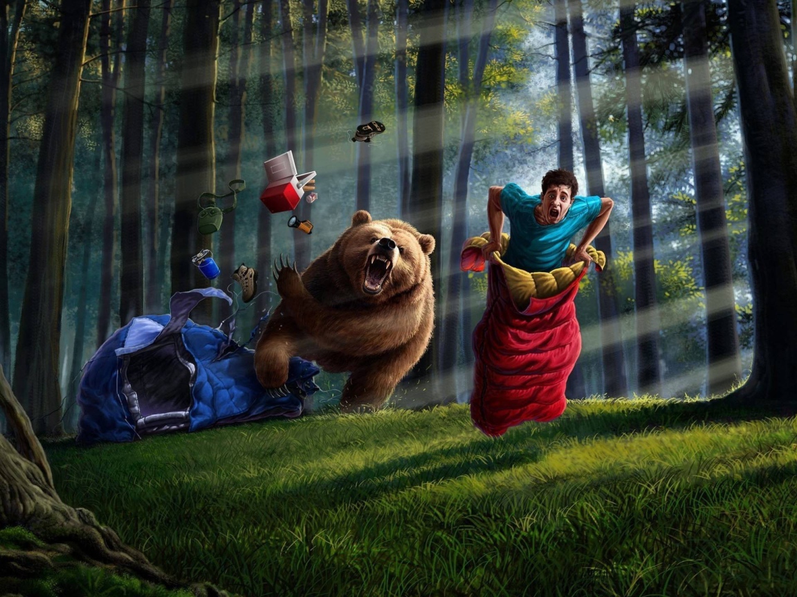 Человек убегает от медведя в спальном мешке