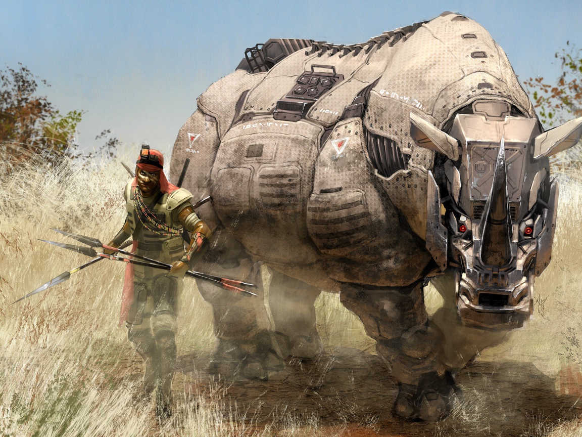 Мужчина с роботом носорогом