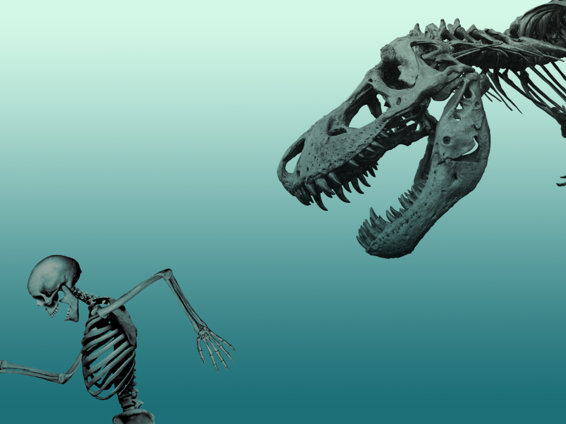 Скелет динозавра гонится за скелетом человека