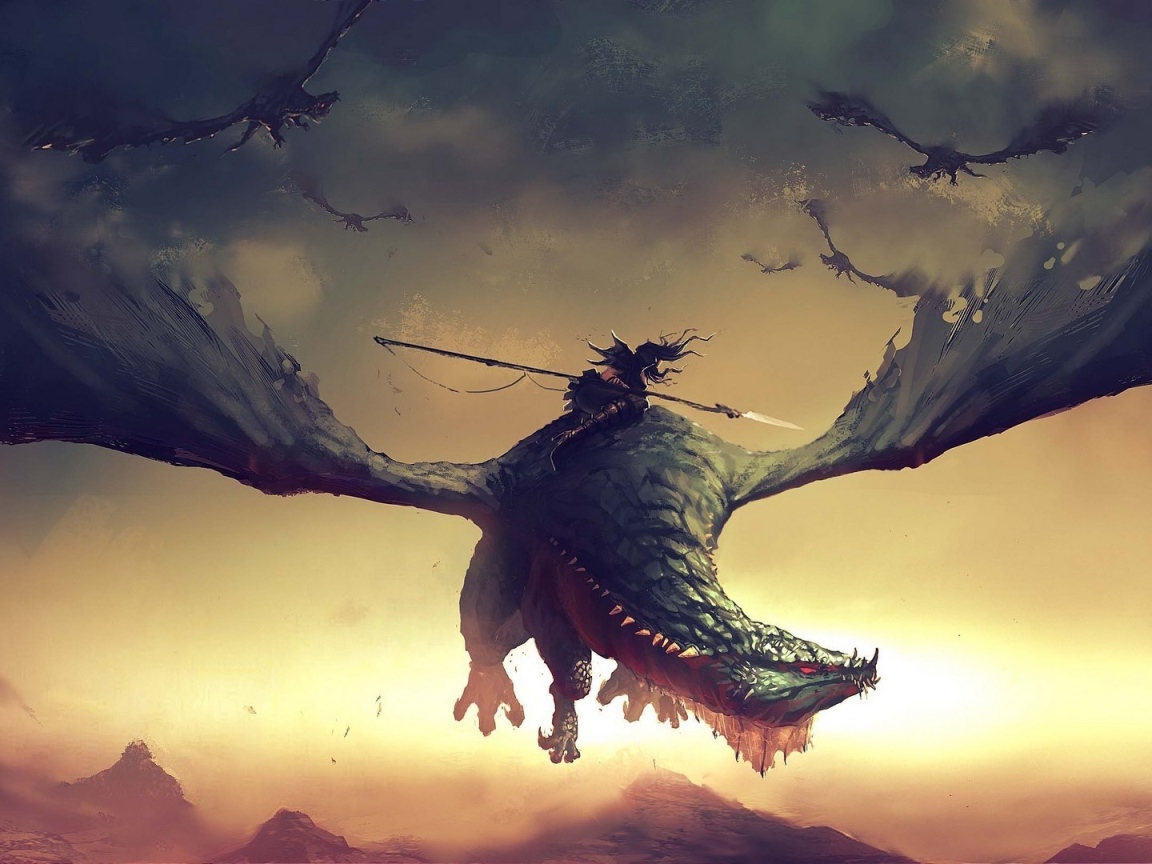 Воин с копьем верхом на драконе