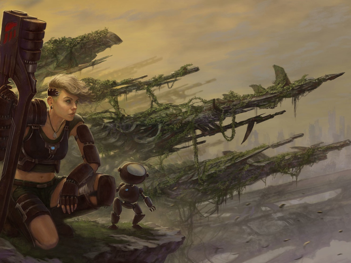 Девушка солдат с роботом помощником