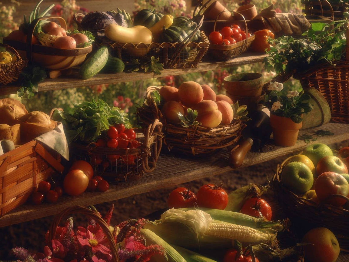 Плоды осени в корзинах на полках