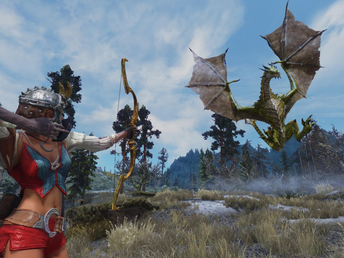Лучница поражает дракона в игре The Elder Scrolls V Skyrim