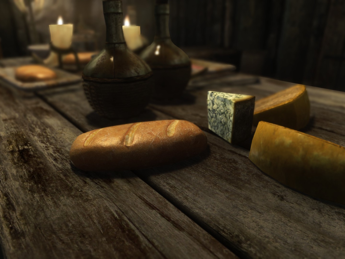 Хлеб и куски сыра на столе в игре