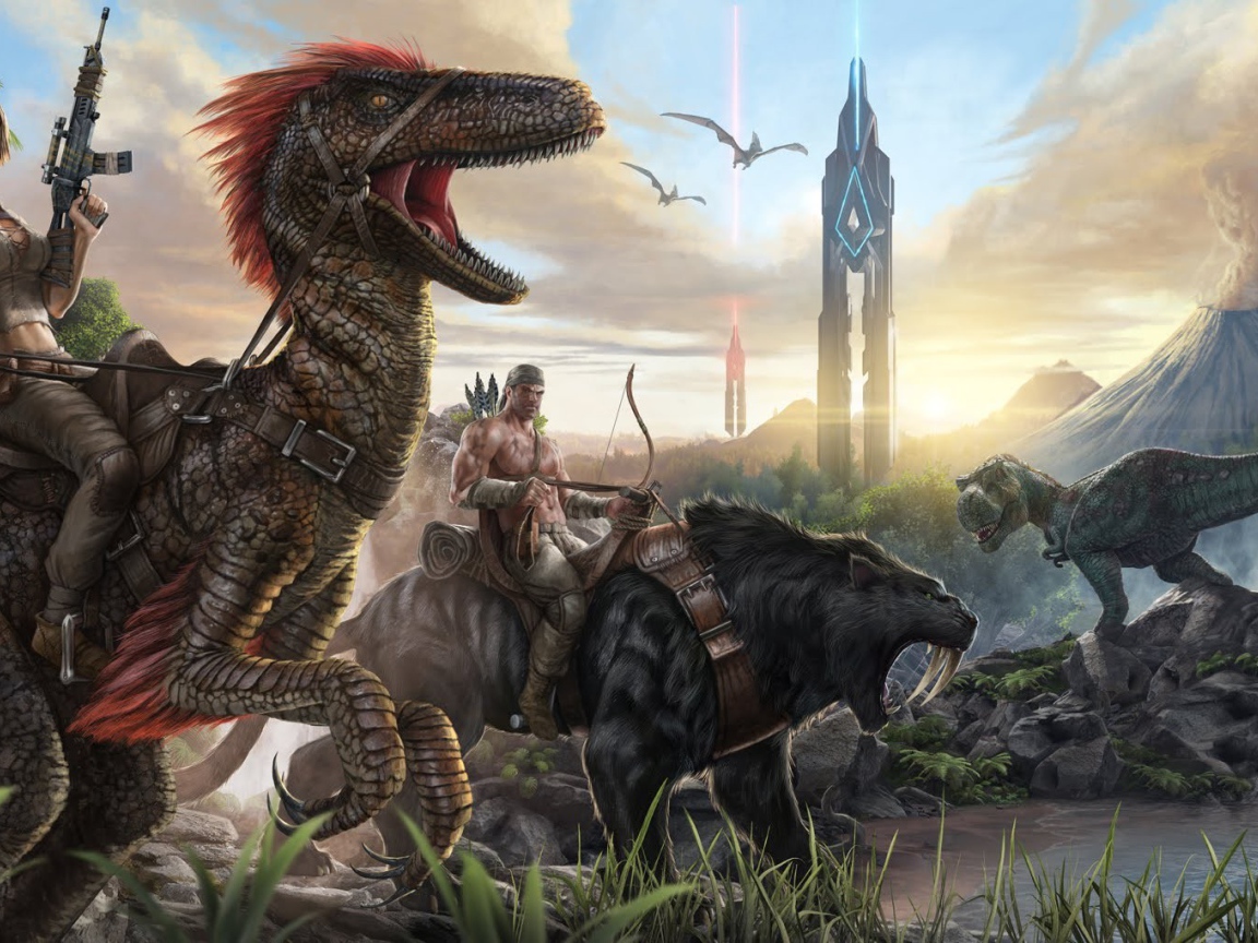 Персонажи игры Ark Survival Evolved верхом на древних животных