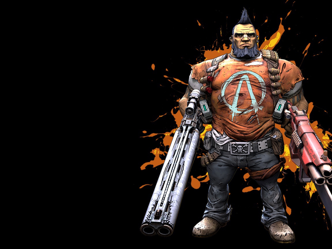 Персонаж игры Borderlands 2 с оружием на черном фоне