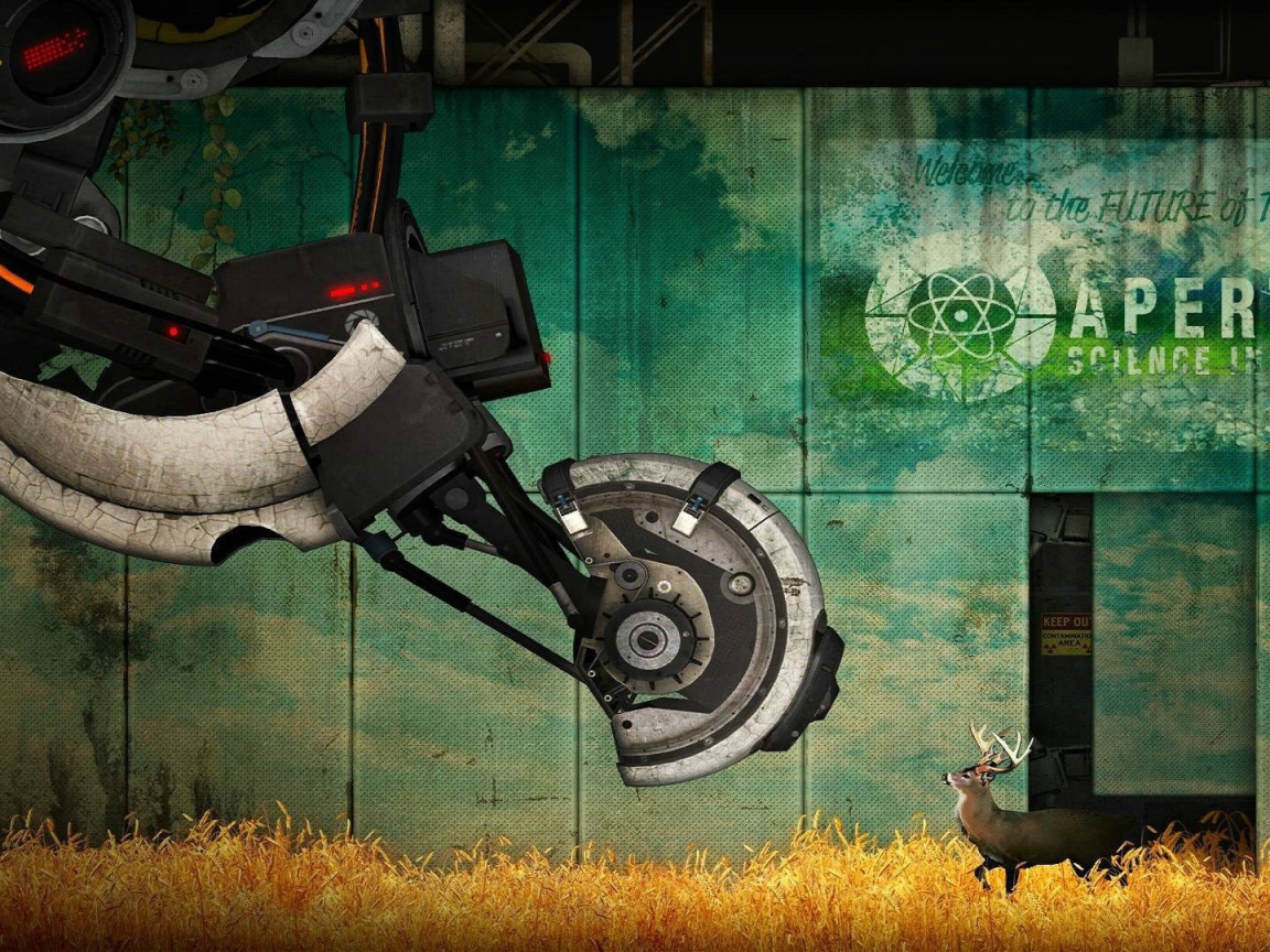 Олень перед огромным механизмом, игра Portal 2