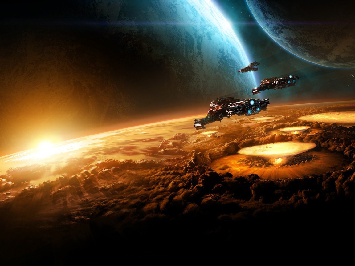 Сброс бомб на планету в игре Starcraft II