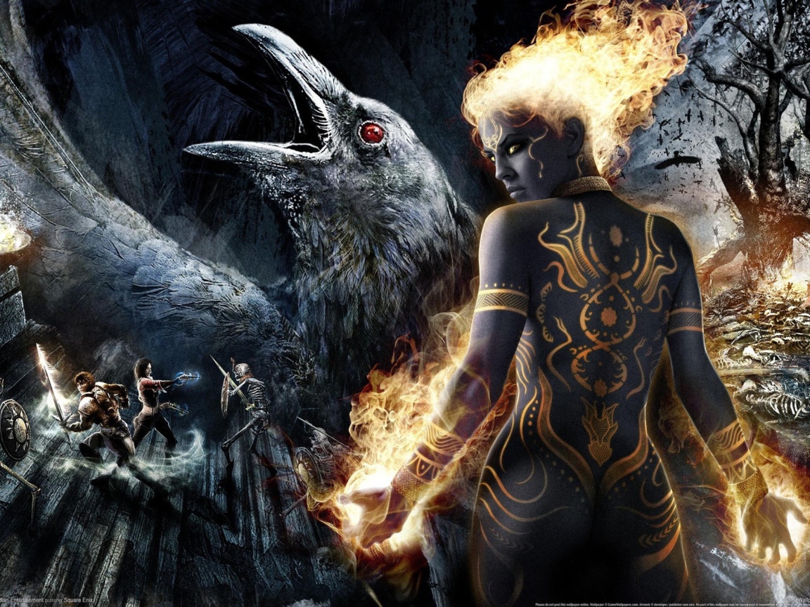 Девушка и ворон в игре Dungeon Siege III