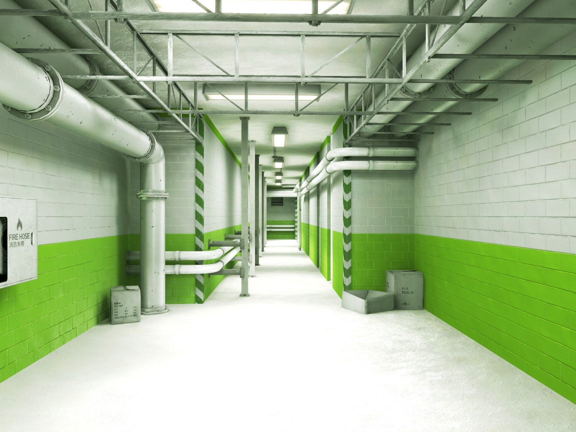 Зеленый интерьер подвала, игра Mirror's Edge