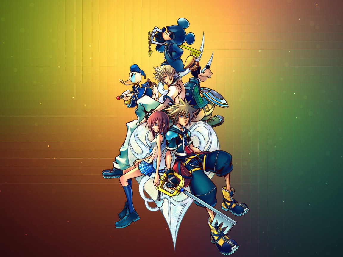 Герои игры Kingdom Hearts на радужном фоне