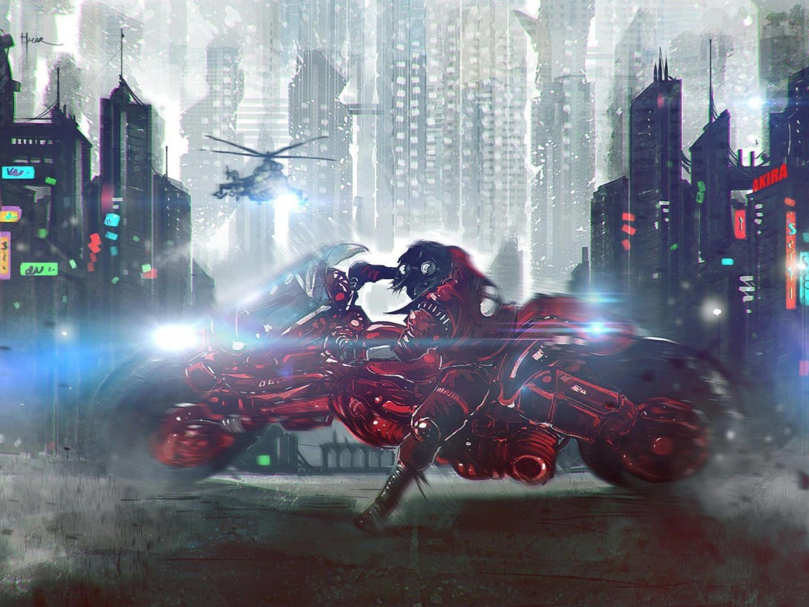 Гонщик Акира уходит от погони на вертолетах