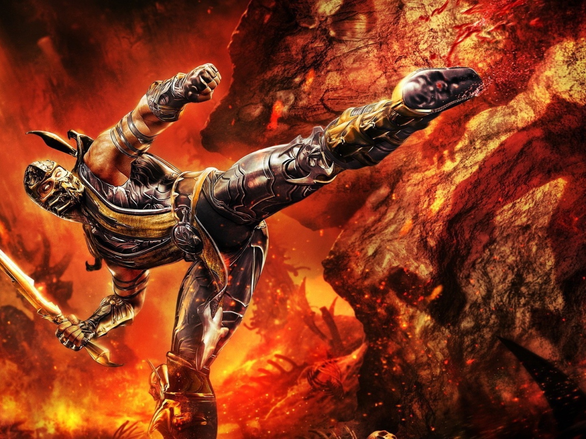 Скорпион на фоне огня в игре Mortal Kombat