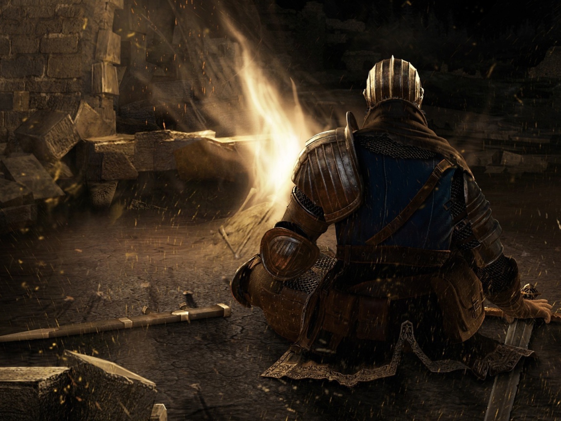 Солдат в доспехах у костра в игре Dark Souls