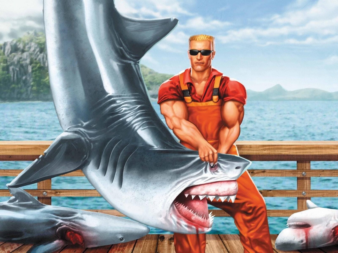Герой игры Duke Nukem с акулой