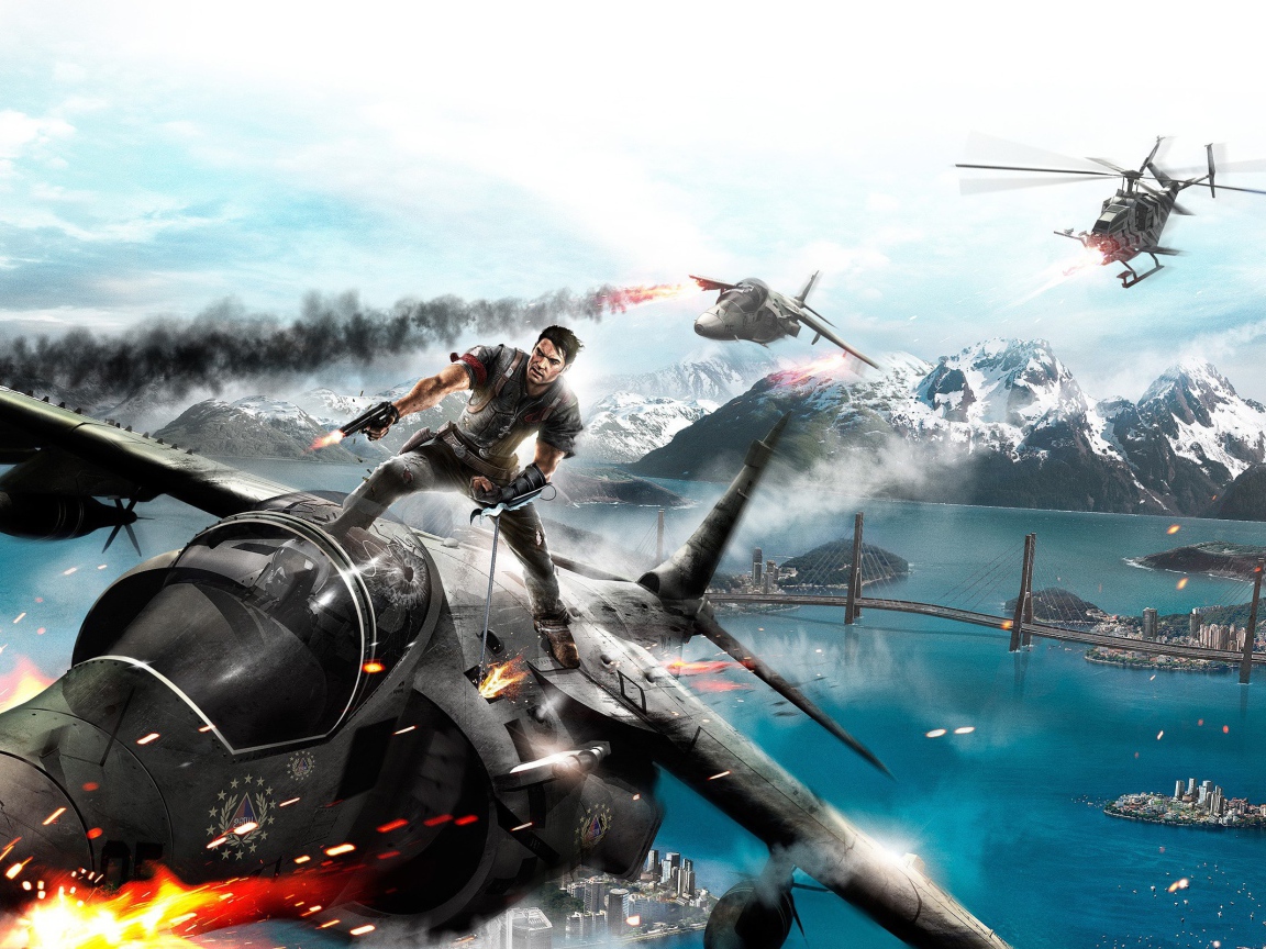 Герой игры Just Cause 2 на крыше истребителя