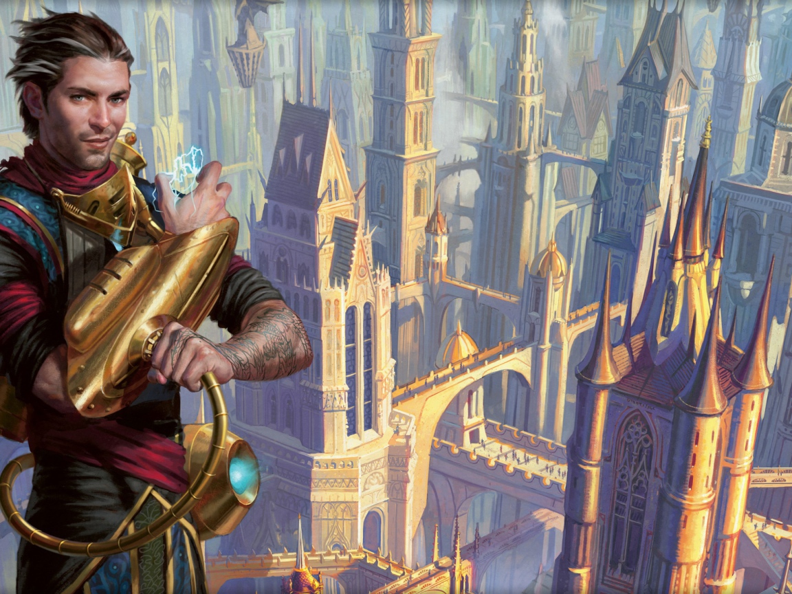 Герой игры Magic the Gathering на фоне города