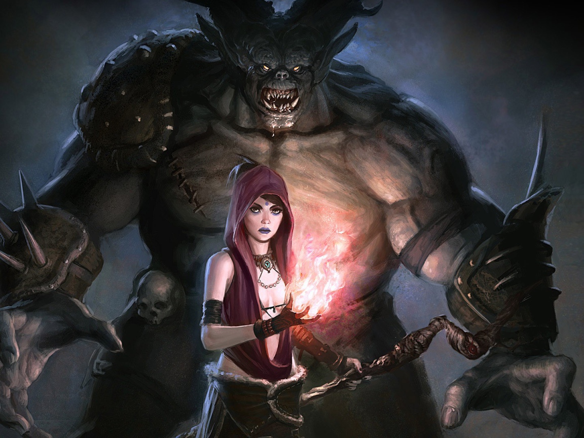 Колдунья с монстром в игре Dragon Age Origins