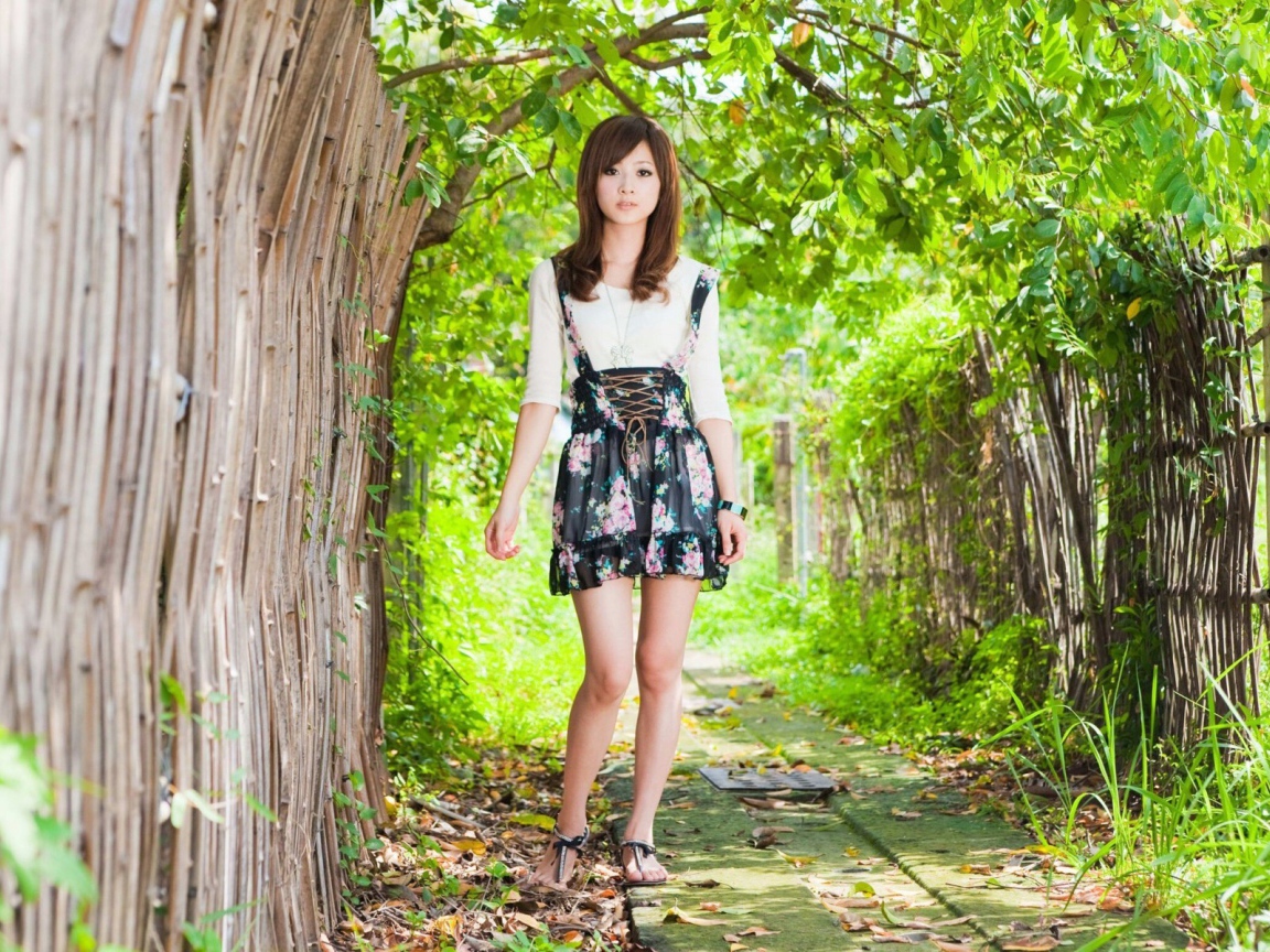 Японская девушка у бамбукового забора
