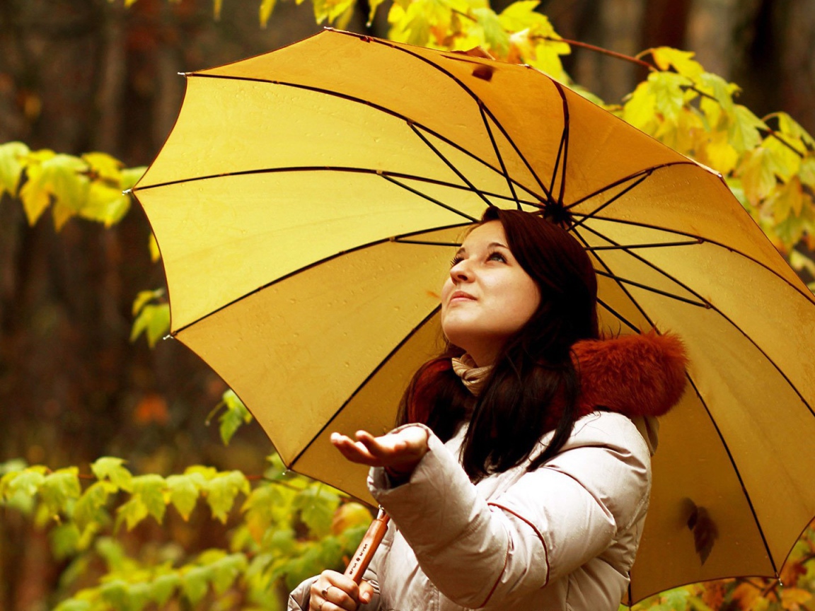 Милая девушка ловит капли осеннего дождя