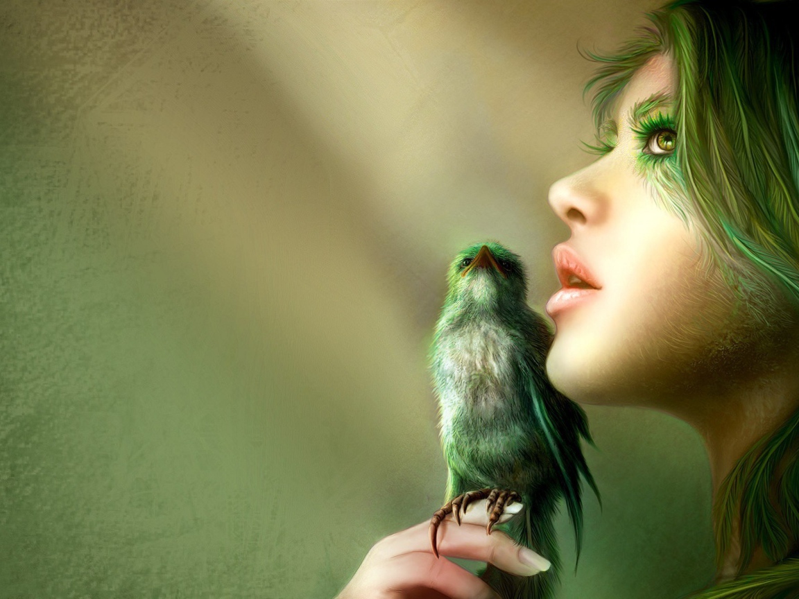 Птица на руке зеленоволосой девушки