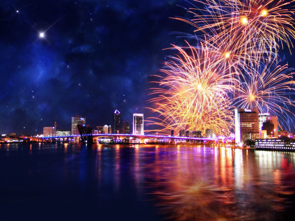 Праздничный фейерверк на звездном небе