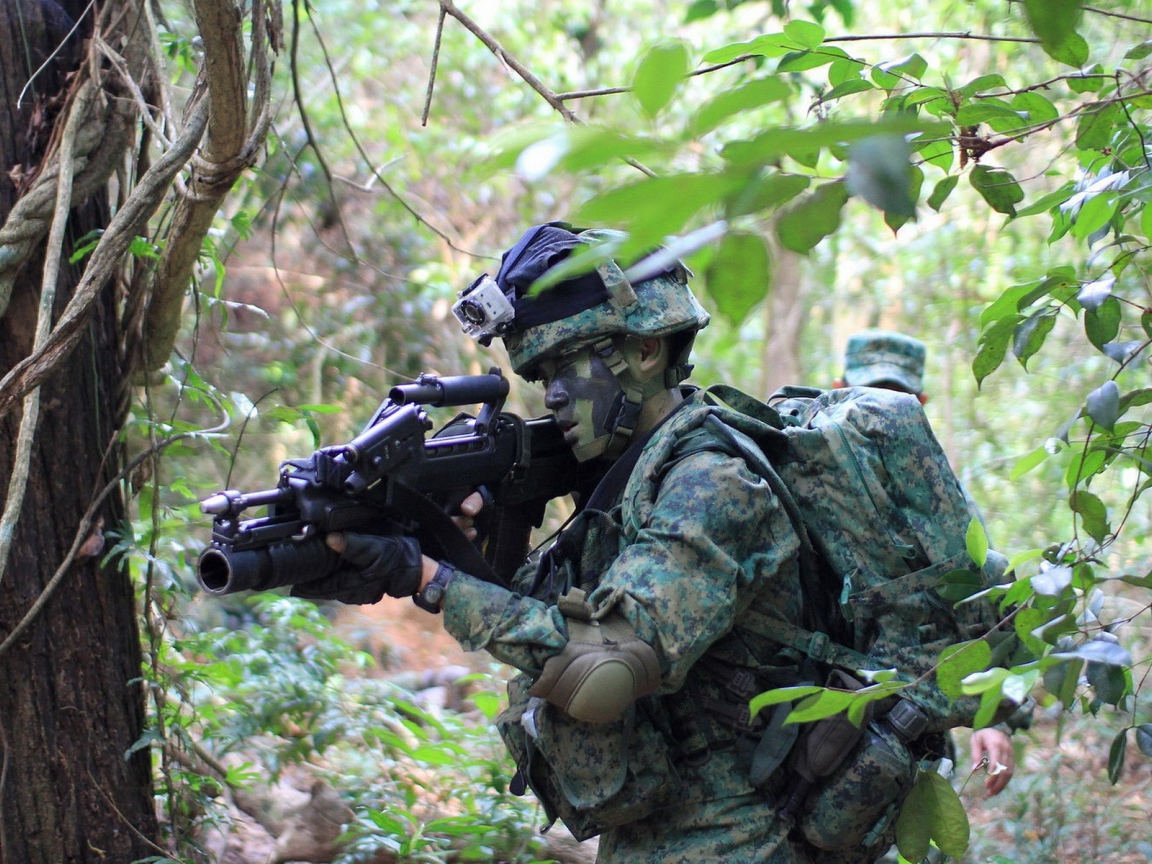 Soldiers in camouflage walking through forest
