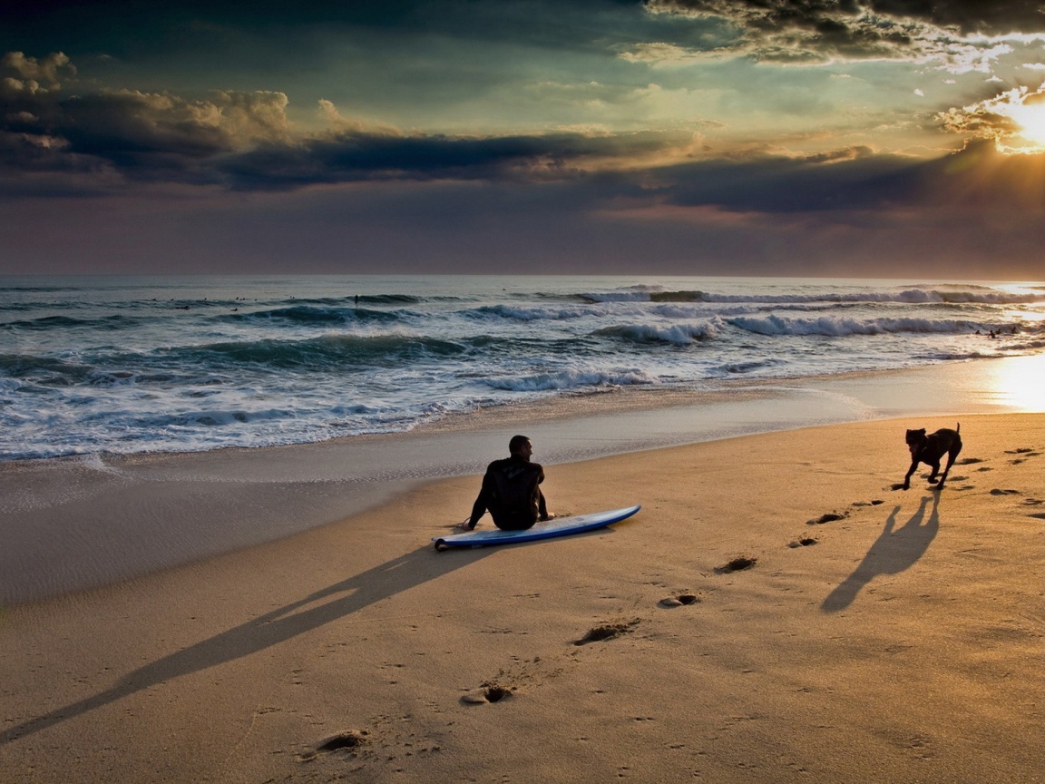 Серфер с собакой на пляже
