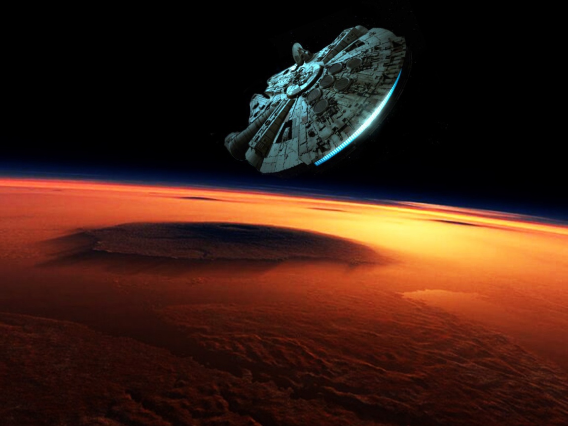 Корабль Millenium Falcon над красной планетой