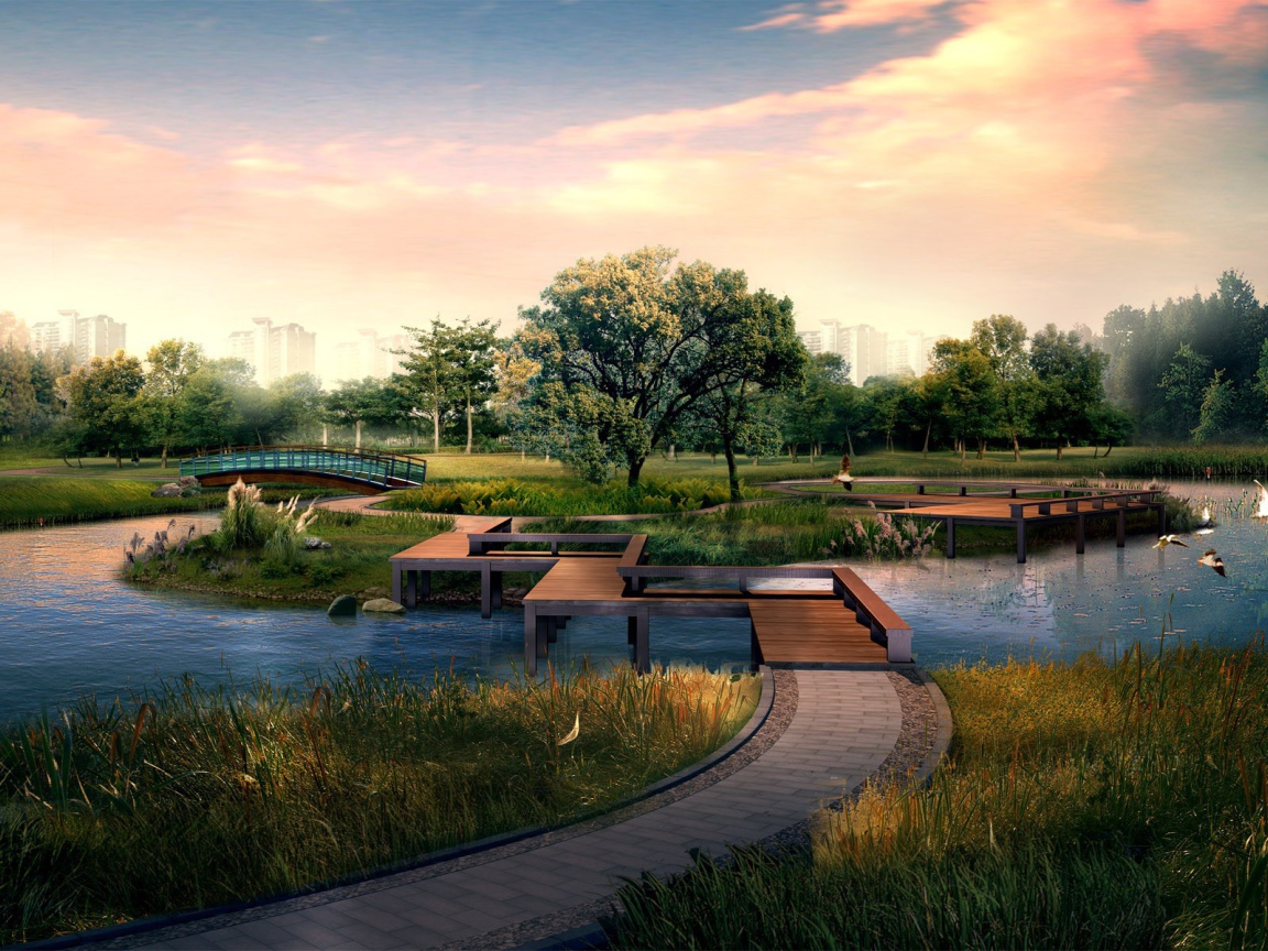 Деревянные мосты через реку в парке